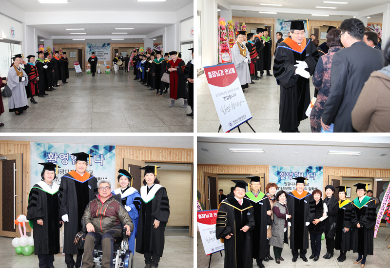 입학식전 총장님 및 교수님들이 입학생들을 일일이 맞이하며 인사와 사진촬영을 진행